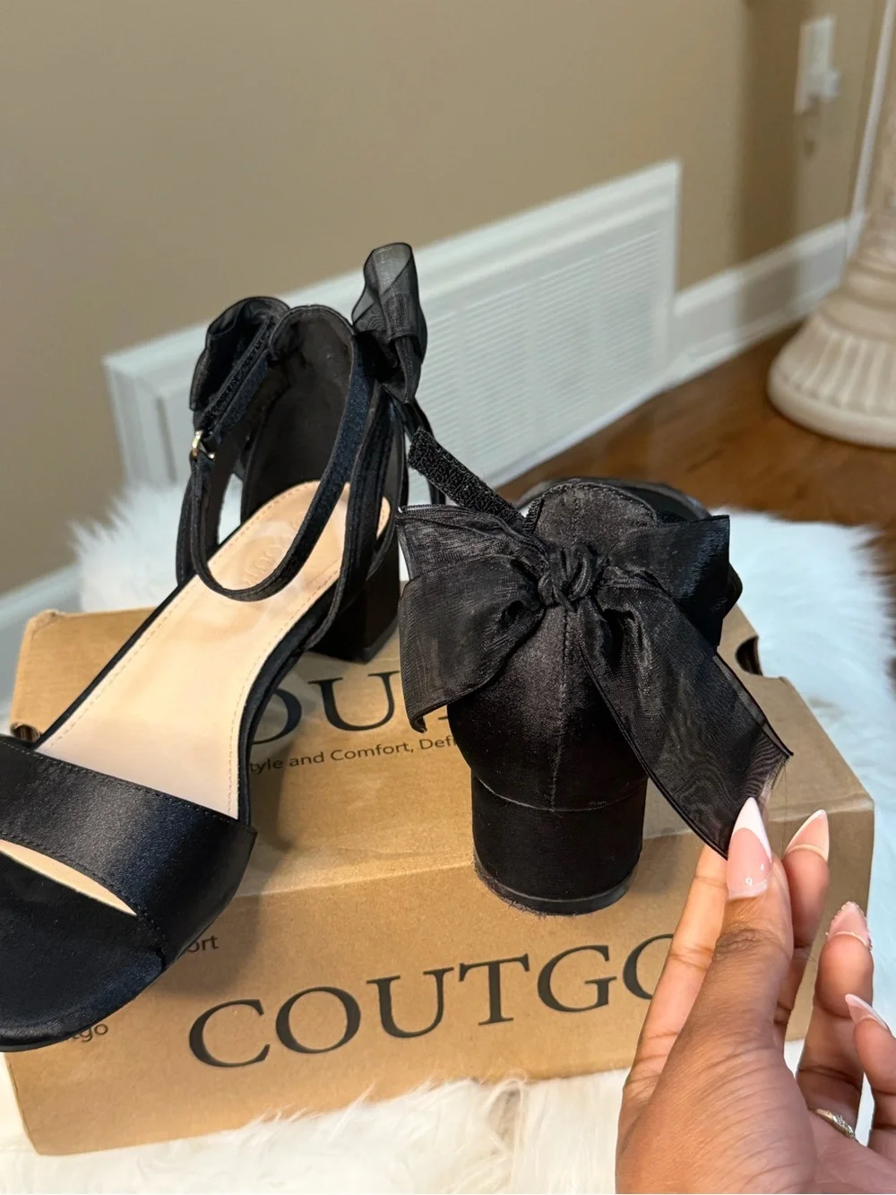 Black Satin Bow Block Heel Sandals